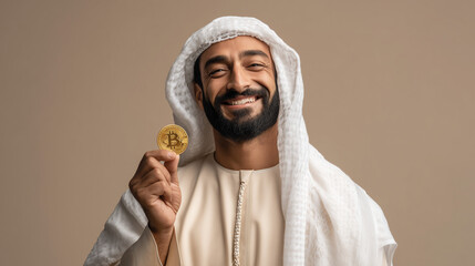 sheikh holding bitcoin in his hand