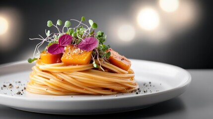Delicious Plate of Pasta Garnished with Fresh Tomato and Basil Herbs