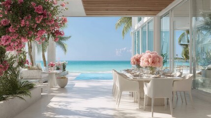 Luxurious beachfront dining area with pink flowers overlooking turquoise water
