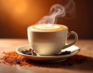 Hot coffee cup steaming with latte art