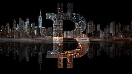 new york skyline at night with bitcoin