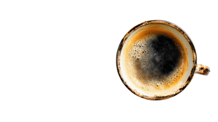 A close-up of a steaming coffee cup on a white isolate background.