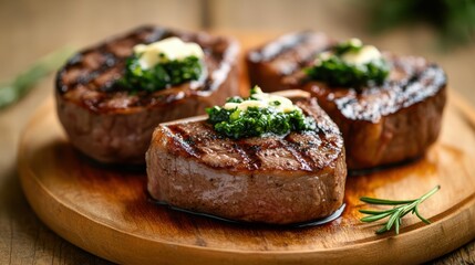 Deliciously Grilled Steaks Served on Rustic Wooden Plate for Dinner