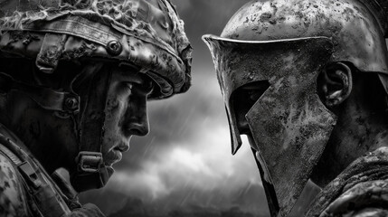 us marine soldier facing spartain gladiator warrior face to face