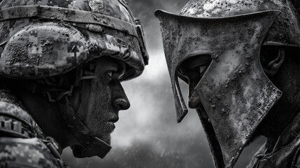 us marine soldier facing spartain gladiator warrior face to face