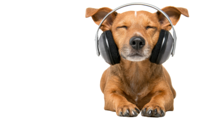 A relaxed dog wearing headphones, enjoying music in a serene moment, on a white isolated background.