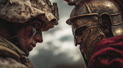 us marine soldier facing spartain gladiator warrior face to face