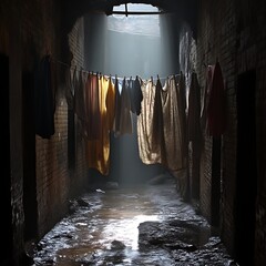Dim alleyway, laundry hanging