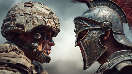us marine soldier facing spartain gladiator warrior face to face
