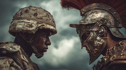 us marine soldier facing spartain gladiator warrior face to face