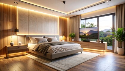 Luxurious Modern Bedroom Interior: Warm Lighting, Wooden Accents, and Mountain View.