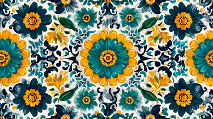 Lisbon geometric Azulejo tile vector pattern, Portuguese or Spanish retro old tiles mosaic, Mediterranean seamless turquoise and yellow design