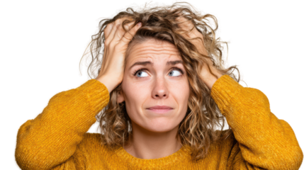 A woman expresses frustration, holding her head, wearing a yellow sweater, against a white background.