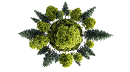 Aerial view of a lush green forest circle, showcasing diverse tree species and vibrant green foliage.