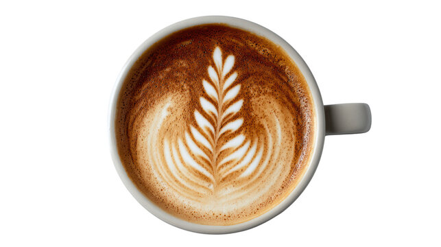 Aerial view of a coffee cup with beautiful latte art on top, isolated on a white background.