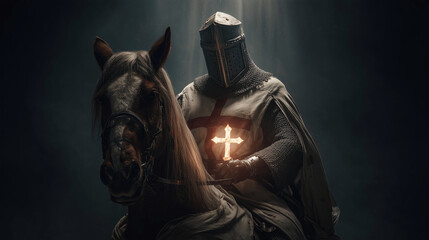 knight templar on horse holding shining holy cross on dark background