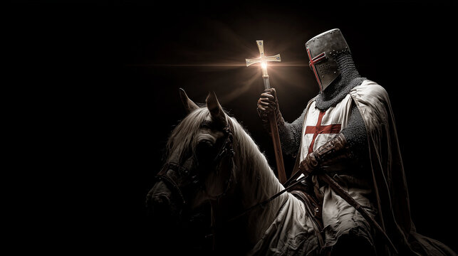 knight templar on horse holding shining holy cross on dark background