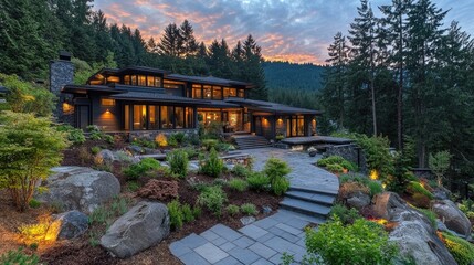 Modern home nestled in a landscaped hillside setting at dusk.