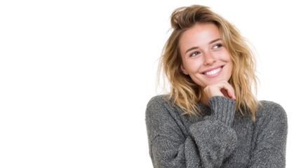 Cheerful young woman smiling while thinking, isolated on white background.
