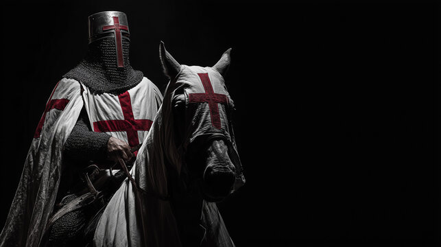knight templar riding horse on dark background