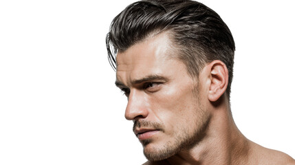 Fototapeta premium Close-up portrait of a handsome man with stylish hair and a serious expression, isolated on a white background.