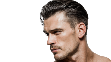 Close-up portrait of a handsome man with stylish hair and a serious expression, isolated on a white background.