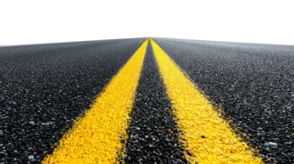 Close-up view of a road with yellow stripes on an asphalt surface, emphasizing open pathways and travel.