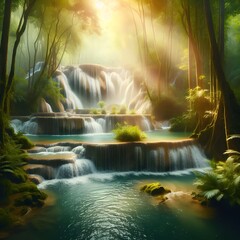 beautiful waterfall in forest with soft sunlight