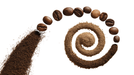 Coffee beans and ground coffee arranged in a spiral pattern on a white background.