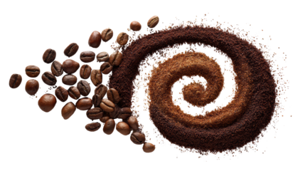 Coffee beans and ground coffee in a spiral pattern, white isolated background.