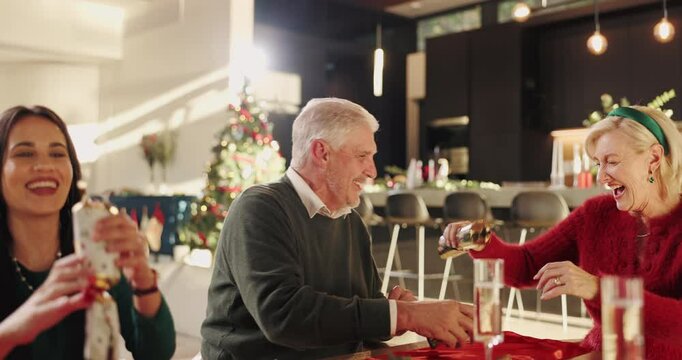 Excited, Christmas cracker and man with big family for for vacation, bonding and celebration. December, holiday or festive surprise with people, senior parents and smile with social gathering in home