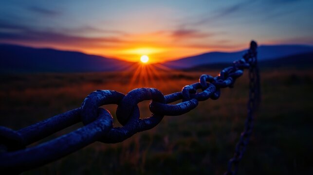 A chain link fence at sunrise against a backdrop of mountains. - Powered by Adobe