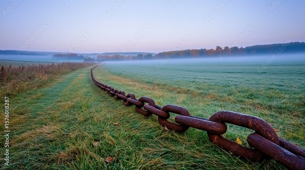 Poster rusty chain fence marking a path through a misty field.