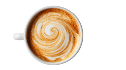 Coffee cup with beautiful latte art, cream swirling into rich brown drink on white isolate background.