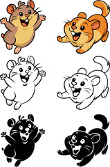 Cartoon style illustration of a cheerful hamster, guinea pig, in playful dynamic poses with exaggerated facial expressions. Bold outlines, silhouette and lively energetic composition