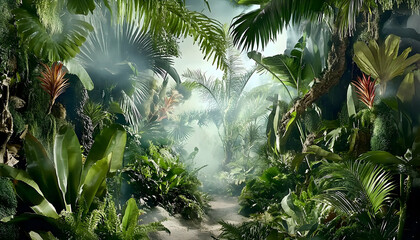 Obraz premium Lush Green Jungle Path with Misty Sunlight and Exotic Foliage
