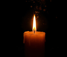 A single lit candle with shimmering golden flame, wax drips forming symbols, surrounded by subtle sparkles and magical particles in the air, deep dramatic contrast

