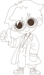 Young scientist boy in lab coat, a cute cartoon boy scientist wears a white lab coat, glasses and has a cheerful expression on his face