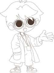 Young scientist boy in lab coat, a cute cartoon boy scientist wears a white lab coat, glasses and has a cheerful expression on his face
