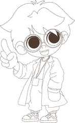 Young scientist boy in lab coat, a cute cartoon boy scientist wears a white lab coat, glasses and has a cheerful expression on his face