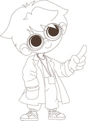 Fototapeta premium Young scientist boy in lab coat, a cute cartoon boy scientist wears a white lab coat, glasses and has a cheerful expression on his face