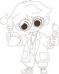 Young scientist boy in lab coat, a cute cartoon boy scientist wears a white lab coat, glasses and has a cheerful expression on his face