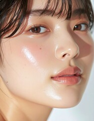 日本人, 超リアル, 美しい, 若い女性, 顔, クローズアップ, 欠点のない肌, 輝く肌質, ナチュラルメイク, 柔らかなライティング, 美容CM風, シネマティック, カメラ目線, 高解像度,Japanese, ultra-realistic, beautiful, young woman, face, close-up, flawless skin, glowing complexion