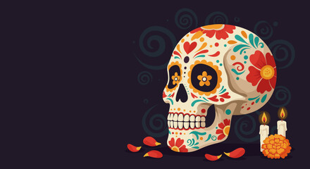 Festive illustration of a decorative Day of the Dead skull for cultural celebrations and event marketing