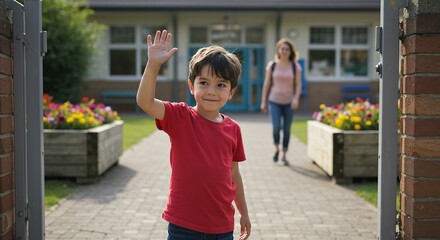 Happy schoolboy waving goodbye to his mother at the school entrance on a sunny day.