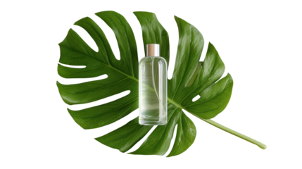 Glass bottle on large green leaf isolated on white background.
