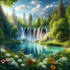 Beautiful waterfall on lake
