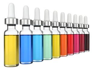 Colorful liquid in medical dropper bottles