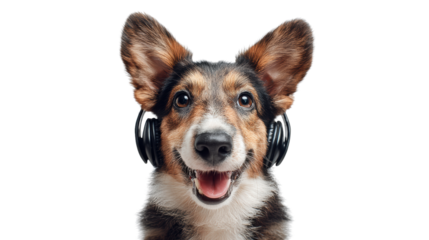 Happy dog wearing headphones, capturing joy and playfulness, isolated on a white background.