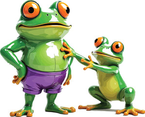 Cartoon Frog Duo – Vector Illustration of Standing Frog in Purple Shorts and Kneeling Frog Reaching Out with Expressive Pose